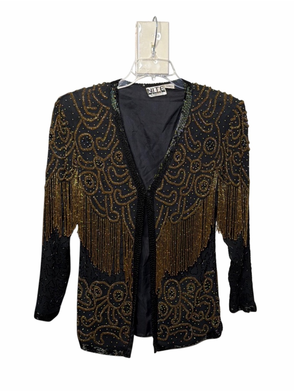 Vintage Pure Silk Nite Waves Beaded Black Blazer with Gold Fringe M